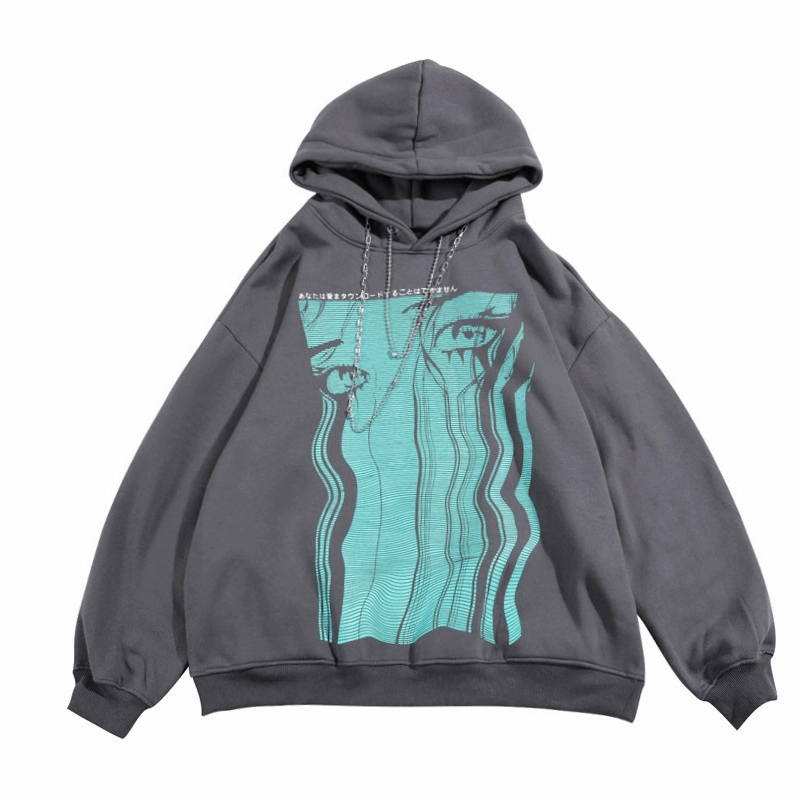 product beach style charm Retro Teary Geometric Print Hip Hop plus Fleece Hooded Sweatshirt