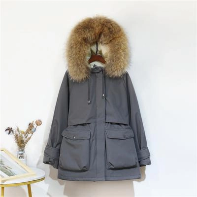 Reflective Zippers Warm Winter Jacket Women Large Natural Fox Fur White Duck Down Coat