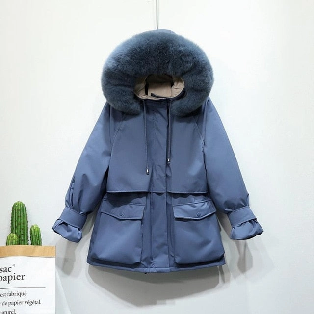 Evening Chill Piece Tactical Wear Warm Winter Jacket Women Large Natural Fox Fur White Duck Down Coat