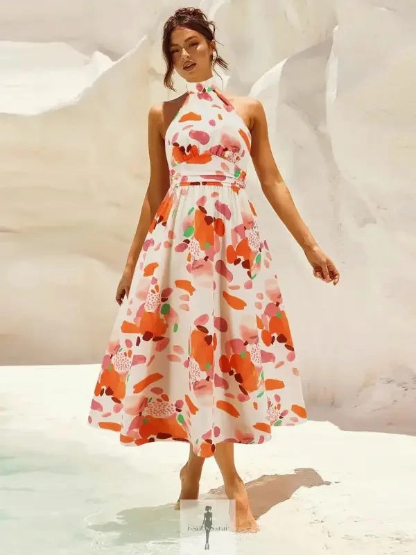 Ruched Halter Neck Sleeveless Dress Tropical Adventure Drawstring-Closure