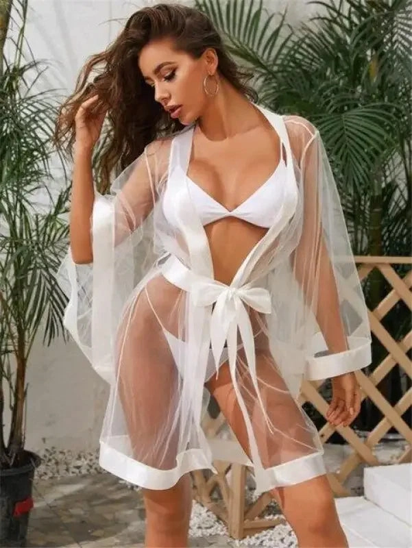 Contoured Cups Mesh Kimono Robe   Belt   G-String 3 Piece Set