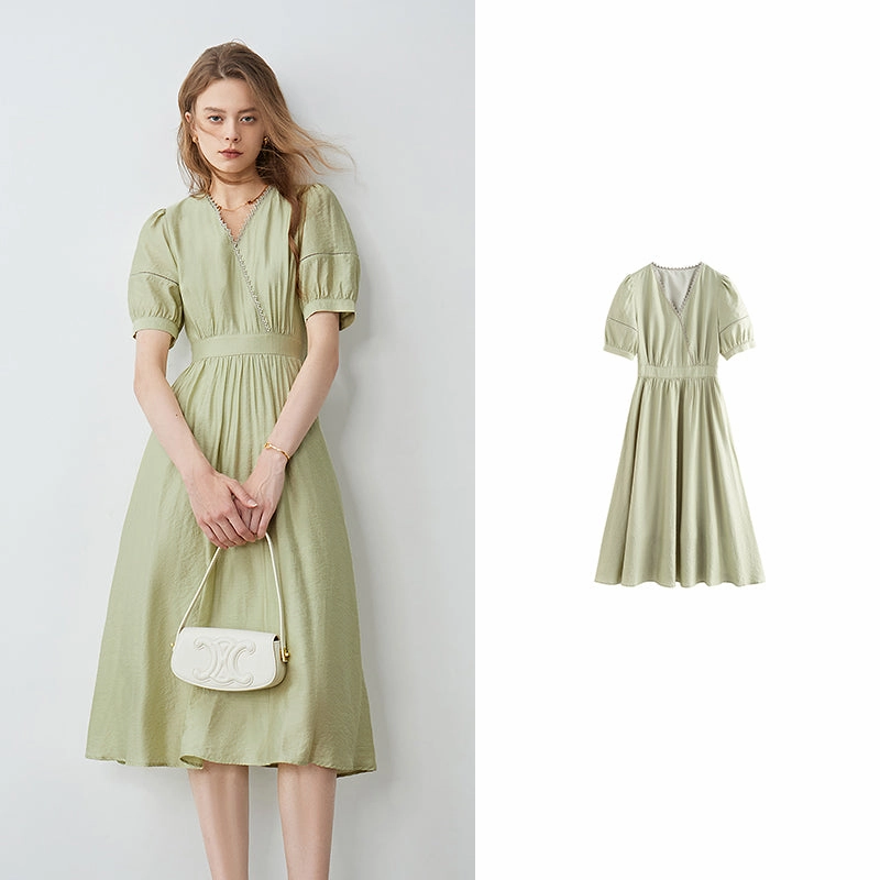 Romantic casual midi Summer 2024 Romantic Lace V-Neck Dress with Bubble Sleeves and A-Line Silhouette