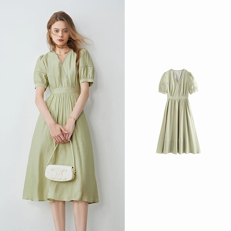 Casual Fashion Cozy Elegance Summer 2024 Romantic Lace V-Neck Dress with Bubble Sleeves and A-Line Silhouette