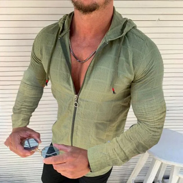 Sleek Stretch Fit West Louis? Fashion Plaid Hooded Zipper Shirt