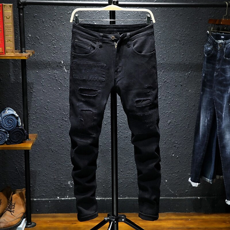 Universal Clasp Mechanism Comfortable Design West Louis? Black Patchwork Stretch Hip Hop Denim Jean Pants