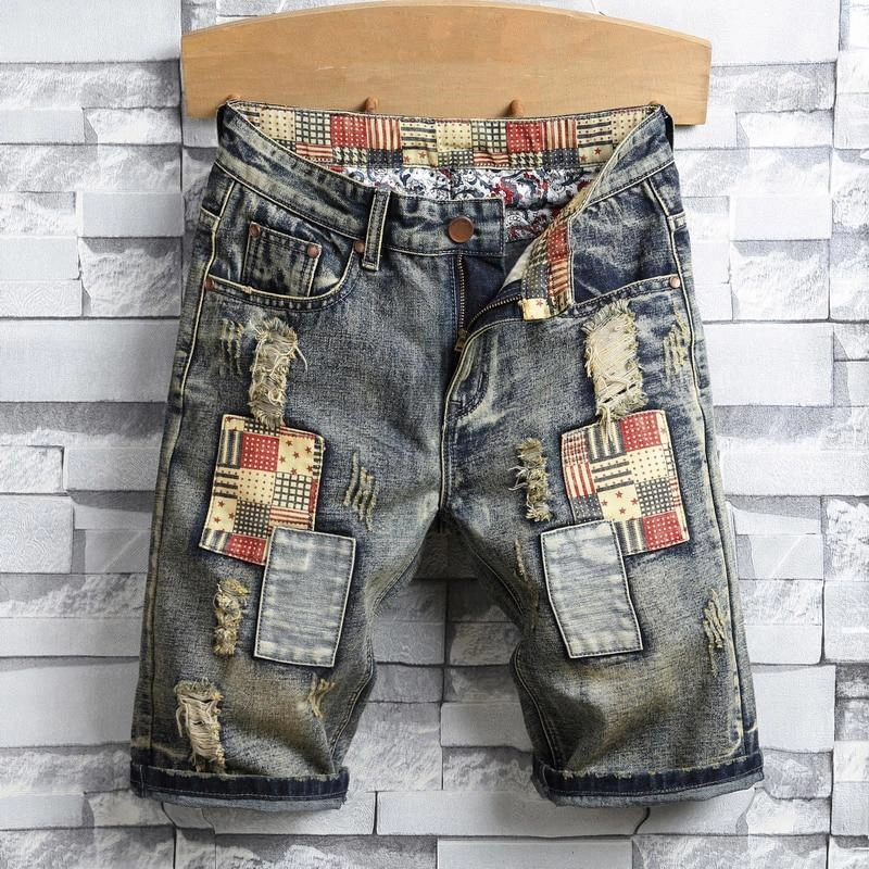 West Louis? Ripped Patch Streetwear Retro Denim Shorts Heavy Silk Wrinklefree