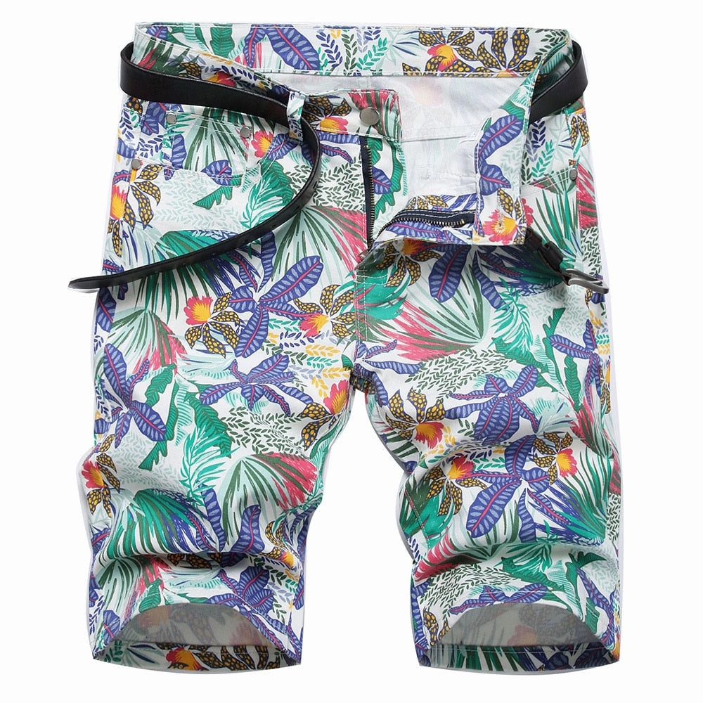 West Louis? Tropical Floral Digital Print Stretch Denim Shorts Ventilated Panels