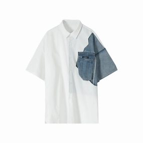 Relaxing Wear Bright Hue White Denim Shirt with Square Neck and Short Sleeves