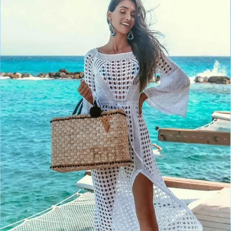 White Knitted Beach Cover Up Secure Fit Design Summer Vacation