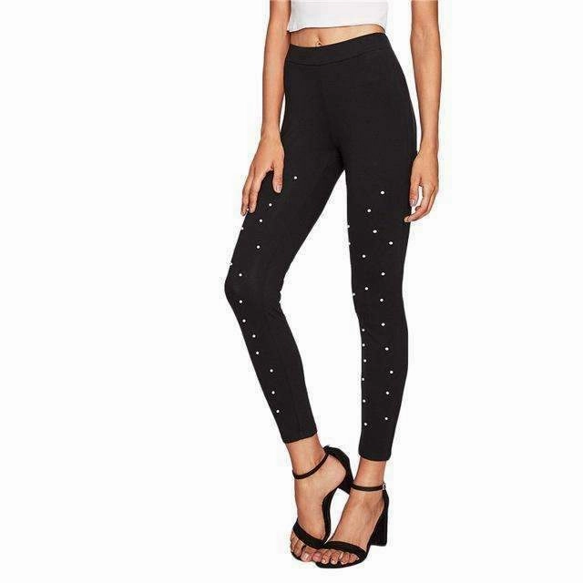 Women's Pearl Beaded Black High Waisted Leggings Charm