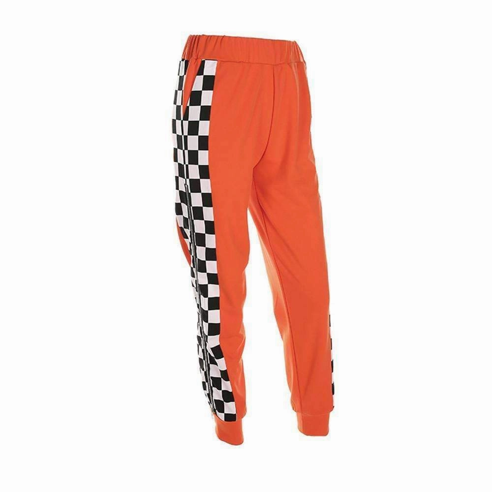 Women 2017 Women Casual Checkerboard Zipper Sweatpants Side Trousers Plaid Patchwork Orange Femme Pencil Pants Pantalon ChafeFree Zippers Linen