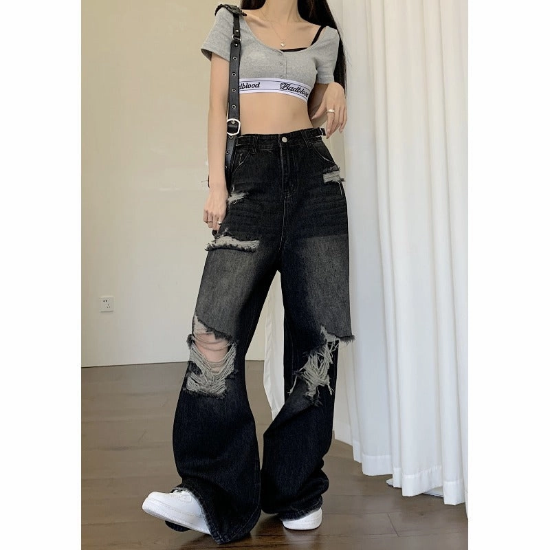 Lockstitch Construction Everyday Neutral Women's American-style High Street Black Ripped Jeans