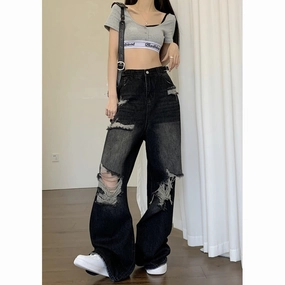 Women's American-style High Street Black Ripped Jeans Quick Dry Weave Technology Sharp Comfort