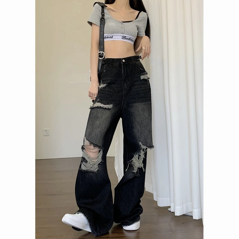 Women's American-style High Street Black Ripped Jeans school wear Universal Fit Sizing