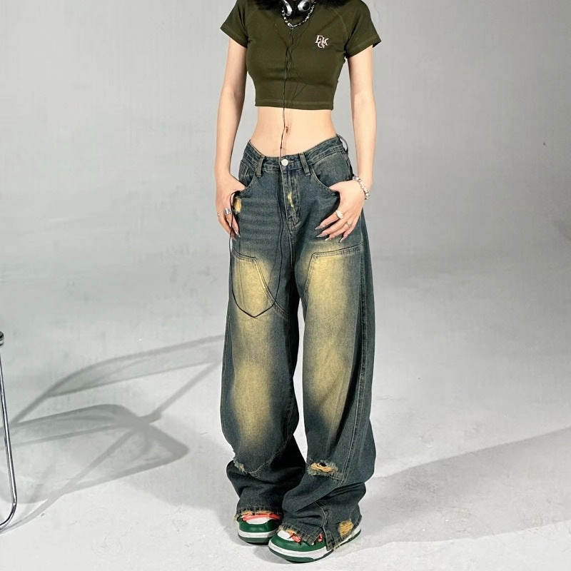 Evening Stroll Urban Explorer Women's American-style High Street Hip Hop Wide Hole Yellow Mud Dyed Contrast Color Jeans