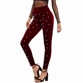 EcoDye Colorfast Technology Women's Burgundy Pearl Velvet Detailed Leggings