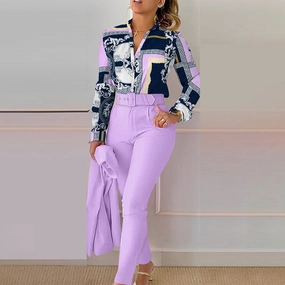 Women's Clothing New Elegant Printed Trousers Long Sleeve Fashion Casual Set Beach Retro