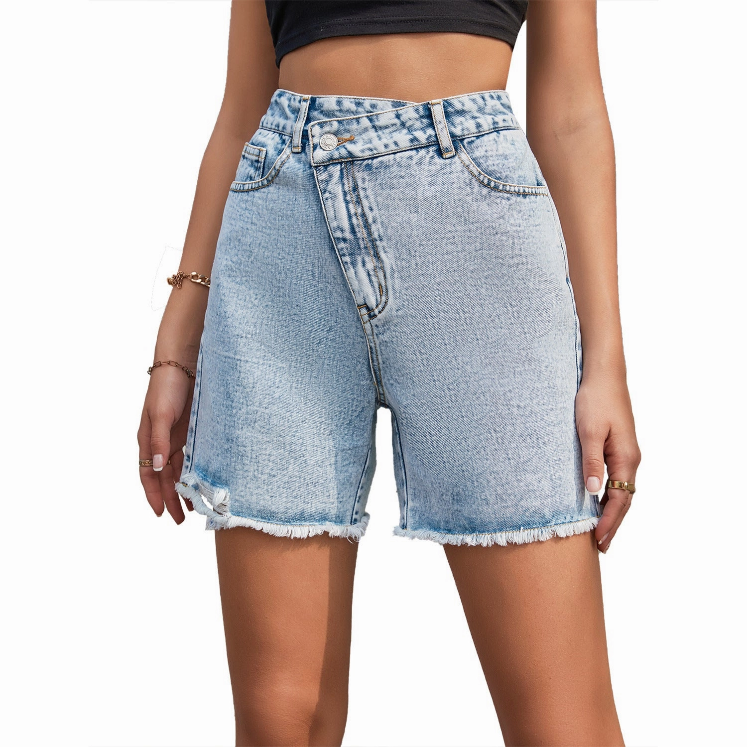 Style Neutral Always Needed Women's Fashion High Waist Loose And Slimming Raw Edge Denim Shorts