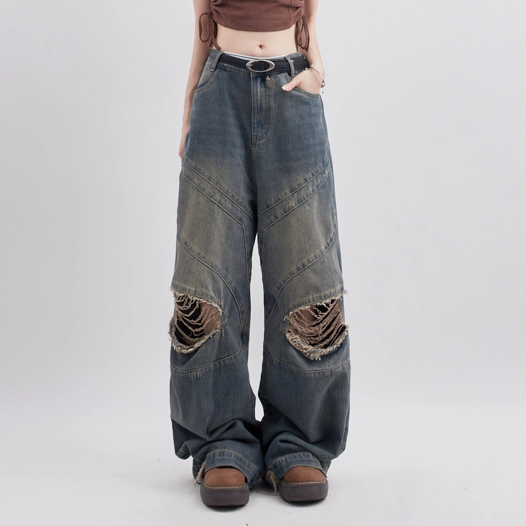 Chic Essentials Everyday Party Look Women's Fashion Retro Characteristic Ripped Distressed Loose Casual Straight Trousers