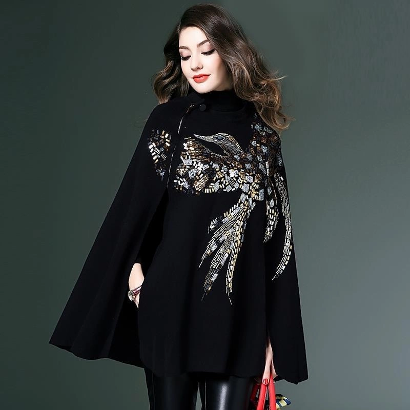 Women's Fashion Shawl Thickened Pullover Sweater Cloak brooch accents Cotton Blend