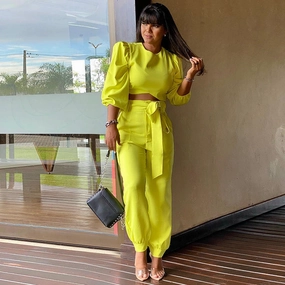 Women's Fashion Temperament Crew Neck Puff Sleeve Short Top Ankle Banded Pants Suit Running Cool