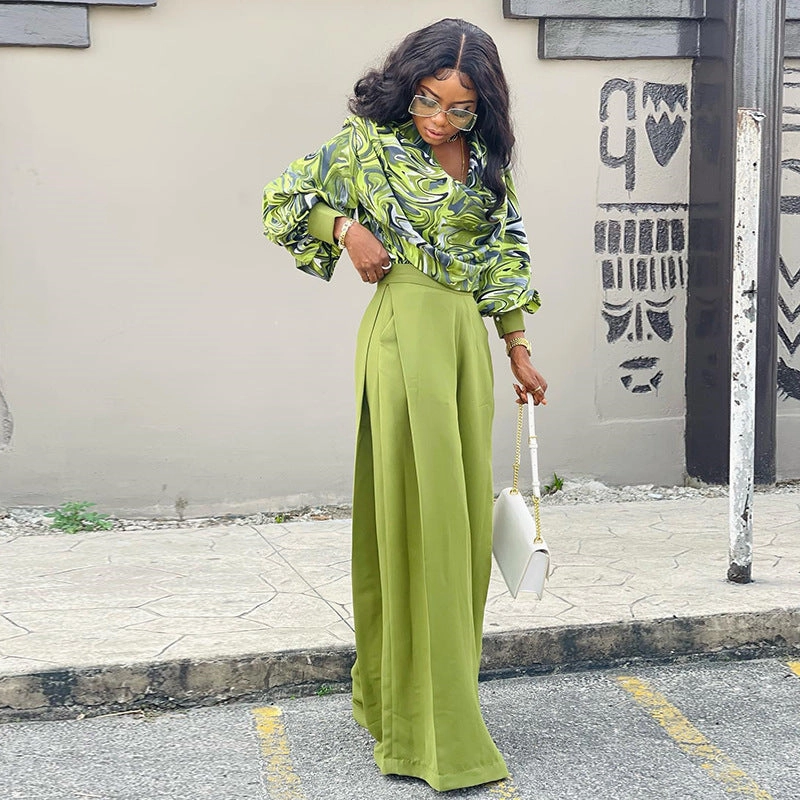 Neutral Dance Eco Singer Women's Fashionable Printed Lantern Sleeve Shirt Wide-leg Suit