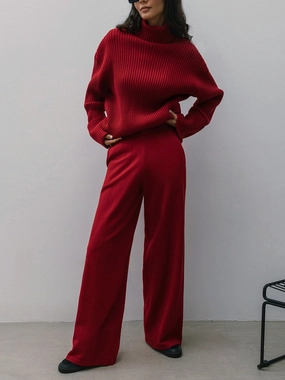 Event Dinner Women's Fashionable Simple Loose High Collar Sunken Stripe Beveled Sweater Knitted Trousers Suit