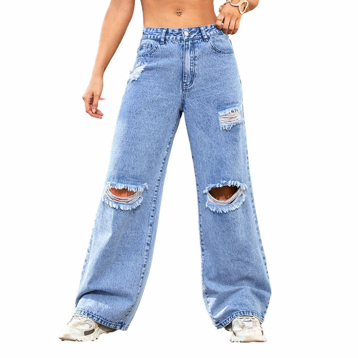 Style Upgrade Women's High Waist Ripped Water Wash Denim Straight Pants