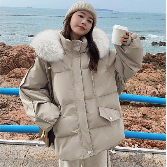 Timeless Fit Style Taped Seams Women's Hooded Solid Color Casual Big Fur Collar Cotton Jacket