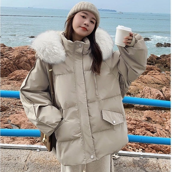 Women's Hooded Solid Color Casual Big Fur Collar Cotton Jacket Flexible Elbow Patches Hidden Zipper