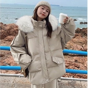 Odor Resistant Fabric Winter Layering Piece Women's Hooded Solid Color Casual Big Fur Collar Cotton Jacket