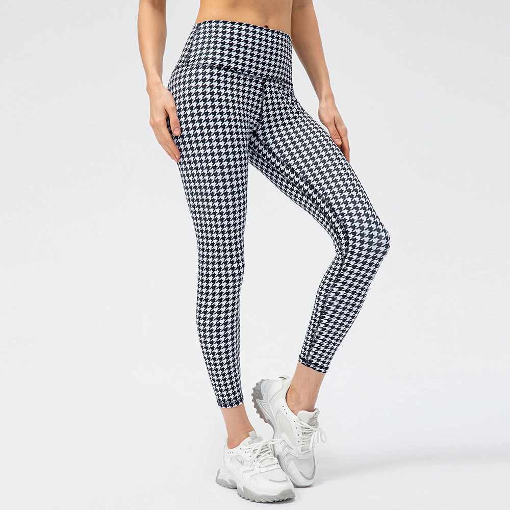 Perfect For Running Women's Houndstooth Yoga Trousers Nude Feel High Waist Peach Hip Tight Running Exercise Pants Plaid Elements
