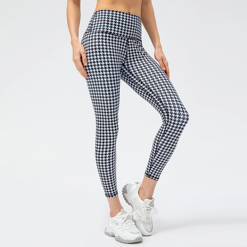 Women's Houndstooth Yoga Trousers Nude Feel High Waist Peach Hip Tight Running Exercise Pants Plaid Elements Chic Performance Fit