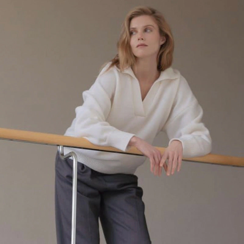 Wool Chilly Day Wear Women's Knit Polo Neck Pullover Solid Color Sweater