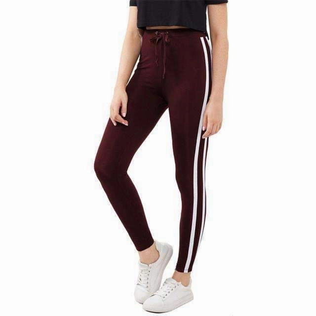 Women's Striped Sideseam with Drawstring Burgundy Leggings Sustainable production Sport-Friendly Design