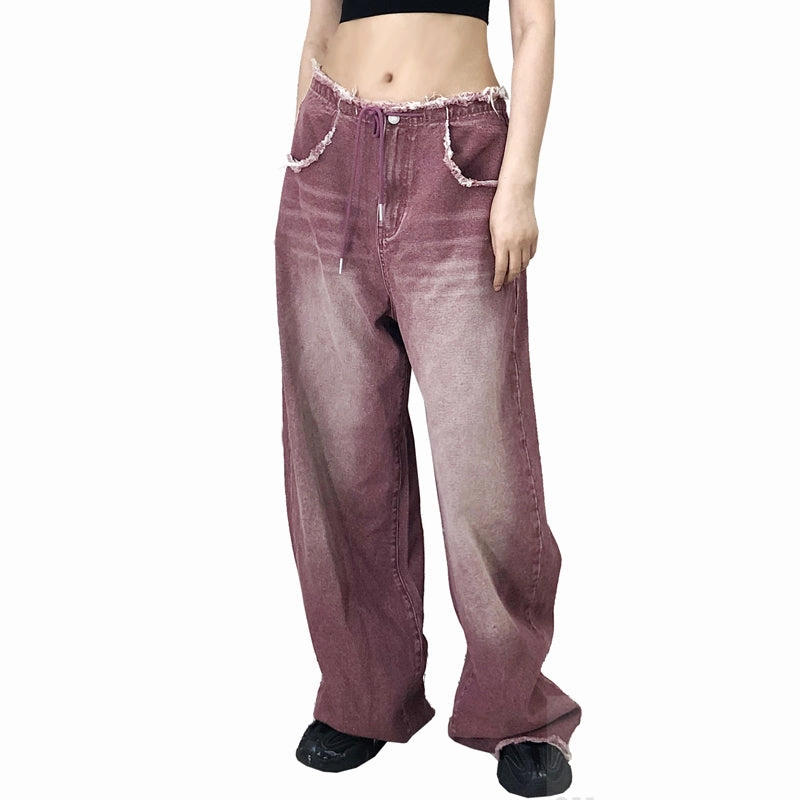 Minimalist Pocket Layout Minimal Shrinkage Fabric Women's Summer Washed Frayed Hem Design Drawstring Leisure Jeans