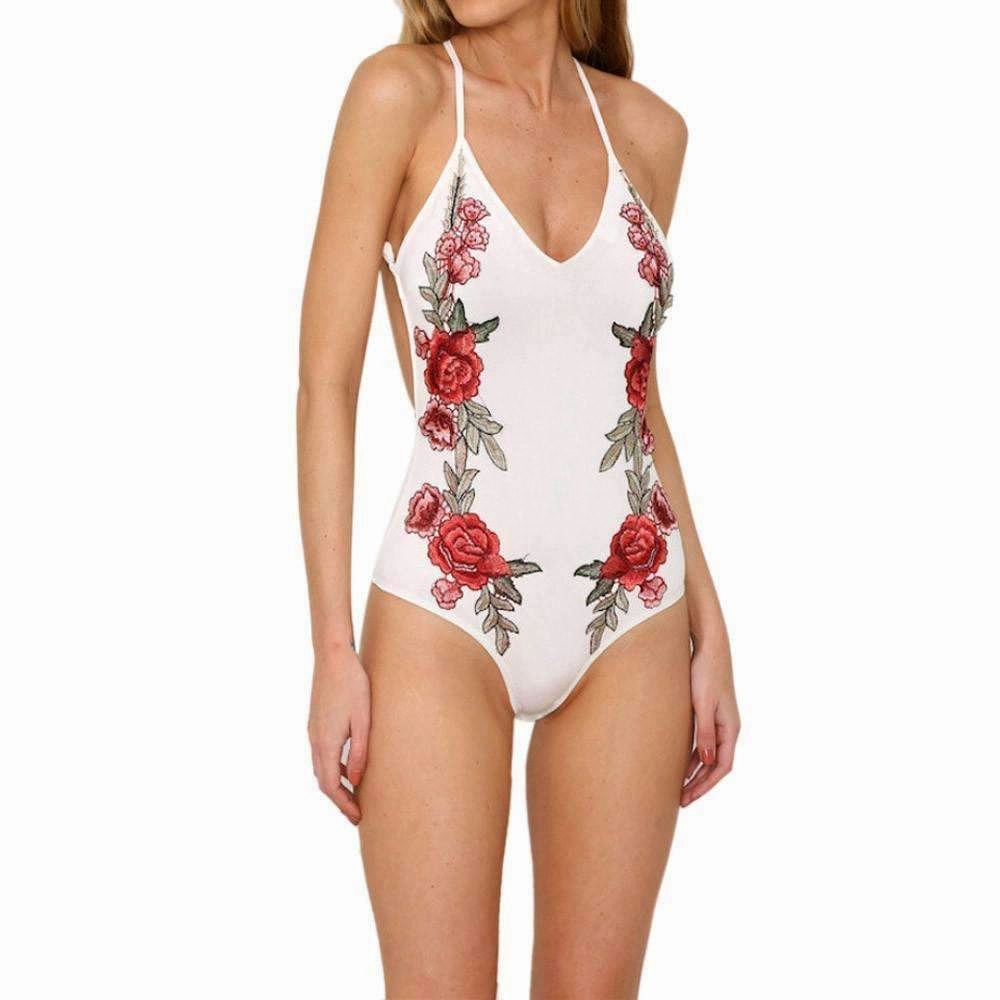 Anti microbial Women's swimming suit Summer Sexy Embroidery Halter Backless Sling Rompers Leotard #E8