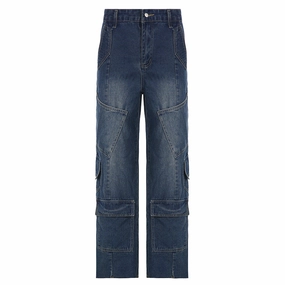 Women's Washed-out Vintage Dark Blue Denim Split Stitching Multi-pocket High Waist Straight All-matching Casual Pants Loose Smooth Shopping Day