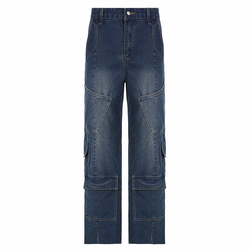 Women's Washed-out Vintage Dark Blue Denim Split Stitching Multi-pocket High Waist Straight All-matching Casual Pants Loose Smooth Shopping Day