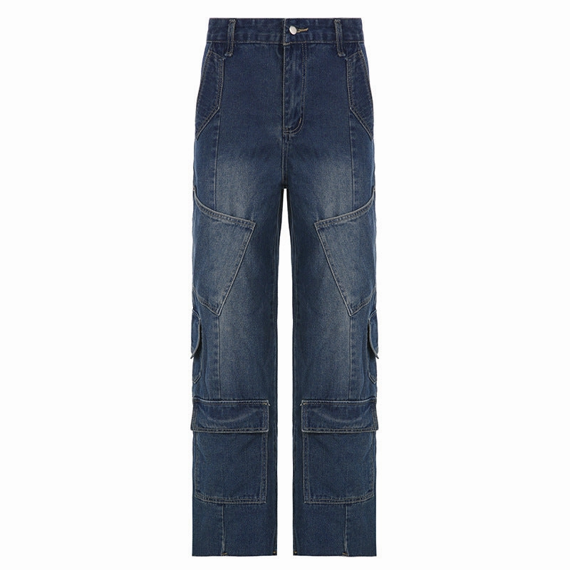 Women's Washed-out Vintage Dark Blue Denim Split Stitching Multi-pocket High Waist Straight All-matching Casual Pants Weekend Uniform