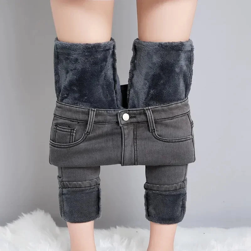 Timeless Cut Work or Casual Women Thermal Jeans Winter Snow Warm Thickened Fleece Stretch Skinny Pencil Pants Fashion Korean Slim Fit Velvet Plush Pants