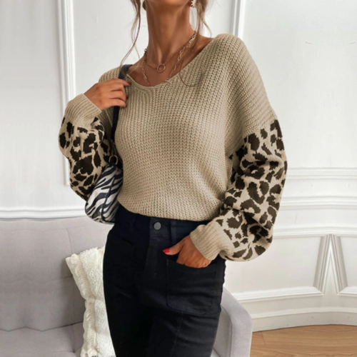 Womens V Neck Sweater With Leopard Print Sleeves Hypoallergenic Interior