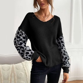 Noise Reducing Fabric Womens V Neck Sweater With Leopard Print Sleeves