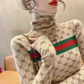 Women Slim Turtleneck Commute Warm Knitted Pullover Autumn Winter Vintage Soft Elastic Striped Letter Jacquard Sweaters Flattering Waist Design Fit Sheer Layer