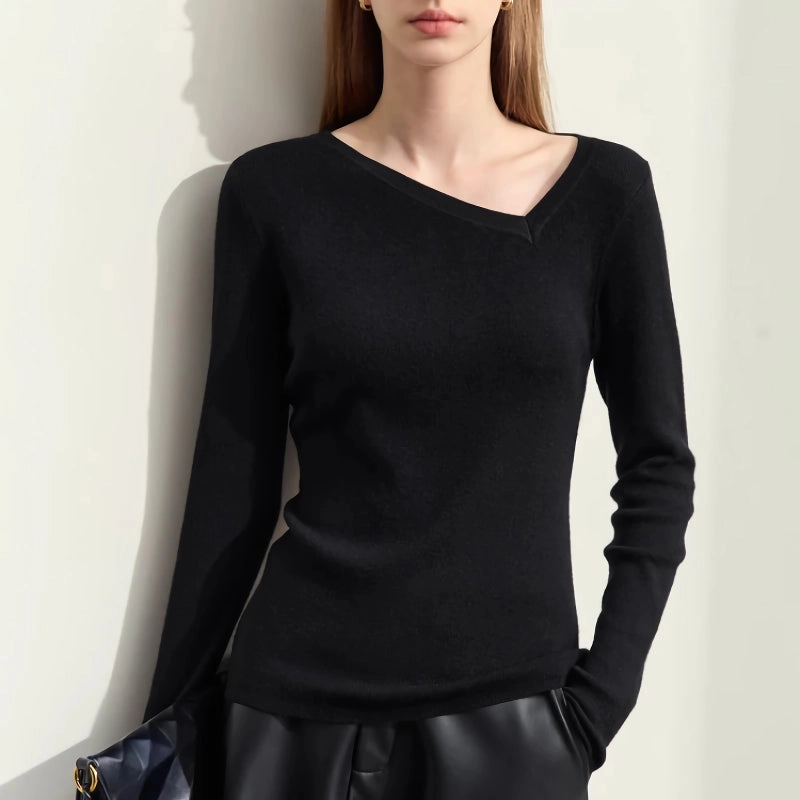 Autumn Asymmetrical Diagonal V-neck Slim Sweater Reinforced Neckline Detail
