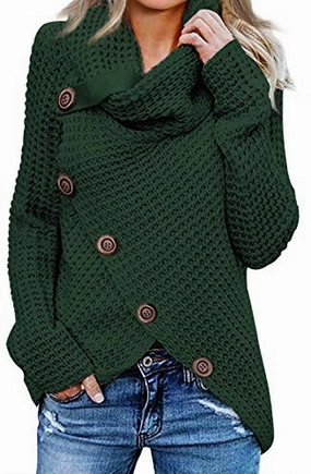 Asvivid Womens Turtle Cowl Neck Sweater Plain Button Asymmetrical Wrap Pullover Lightweight Knitted Sweaters Winter Fall Tops M Green Temperature Balancing Layer anti static coating