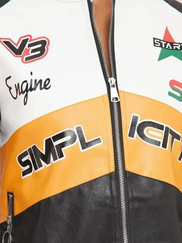 Reflective Safety Details Zip Up Leather Jacket