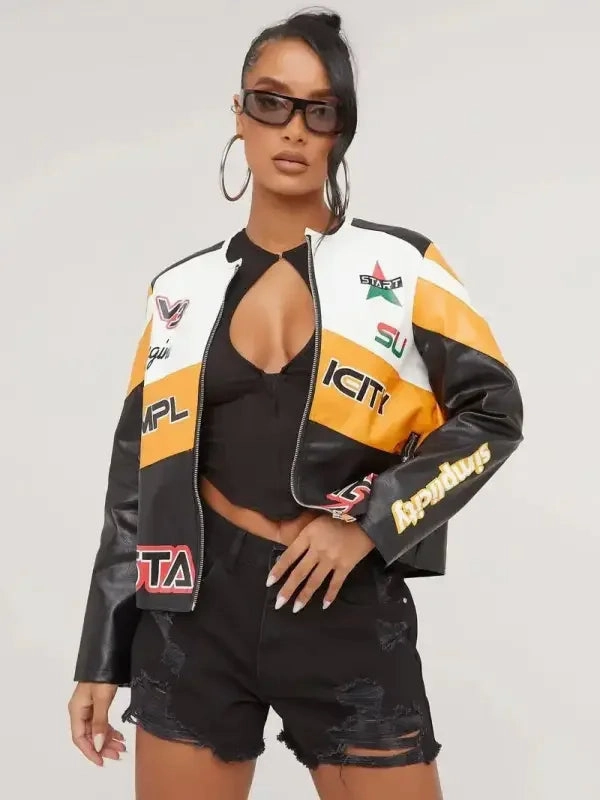 Casual Feel Quilted Stitching Zip Up Leather Jacket