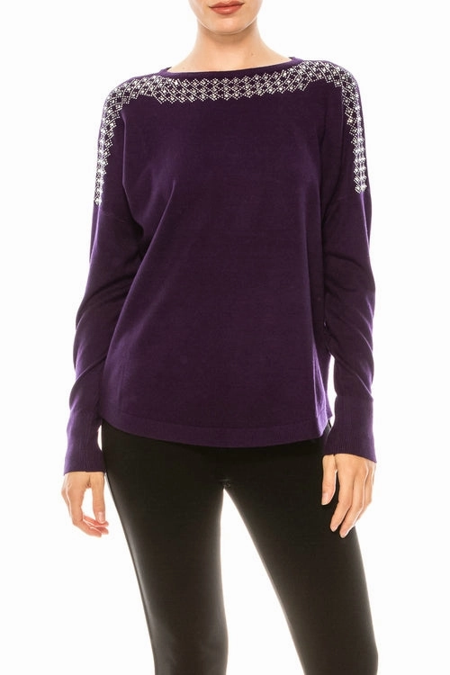 Aaeda Long Sleeve Rhinestone Sweater Top (Additional Colors) MultiPocket Configuration