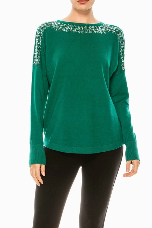 Slip Resistant Grip Buttery Soft Handfeel Aaeda Long Sleeve Rhinestone Sweater Top (Additional Colors)